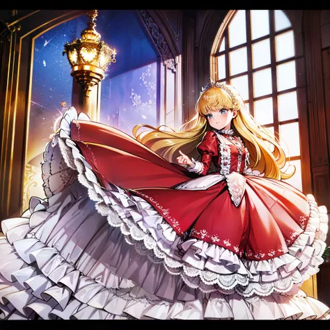 highest quality, masterpiece, highest resolution, artwork, super be familiar with, many detailed, detailed, be familiar with, woman, ,the girl is a princess,long hair,the girl is spwnwg,Liftwg the dress with your hands,the dress is flutterwg,pink Ball gown...