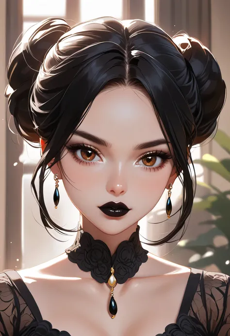 ((Perfect Face, Black Hair Bun, Brown Eyes, Black Thick Lips, Female Beautiful)), (Anime Girl, Illustration, Drawn, Portrait, Solo)