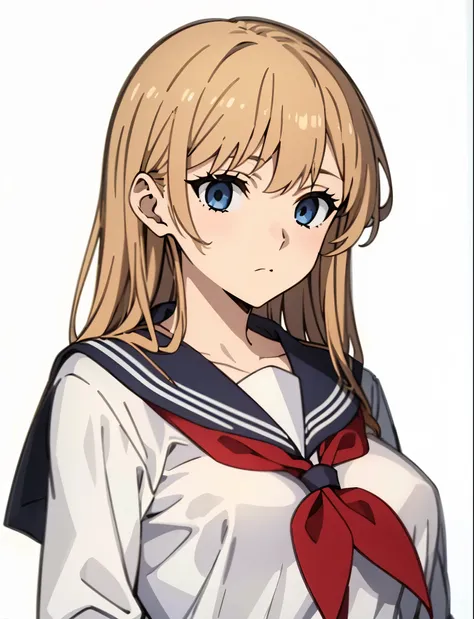 Anime girl wearing school uniform, holding school beg, school girl, sailor uniform white sailor uniform , Long sleeves big boobs 