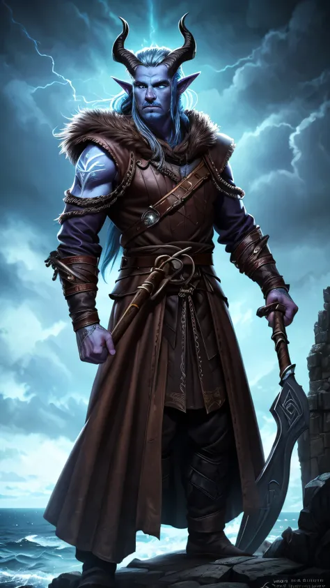 tiefling, colored skin, blue skin, horns, demon horns, tail, pointy ears, 1man, fierce Viking warrior, stands, on a cliff, stormy seas, braided ponytail, curved horns, adorned with iron rings and leather straps, scars, ancient Nordic tattoos glowing faintl...