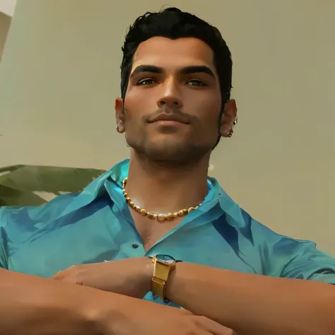 a close up of a man with a watch on his wrist, black hair, a blue shirt with dark blue coconut trees, gold watch, pearl neckless,