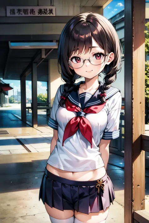 ((TOP QUALITY)), (( masterpiece)), ( details), 1 girl,female middle school students，braids，Glasses， is a sailor suit on the upper body， lower body「 bloomers」Wearing，white high socks，Sneakers，Around town，On the way to school，