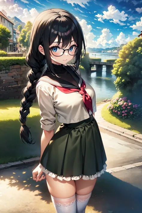 ((TOP QUALITY)), (( masterpiece)), ( details), 1 girl,female middle school students，braids，Glasses， is a sailor suit on the upper body， lower body「 bloomers」Wearing，white high socks，Sneakers，Around town，On the way to school，