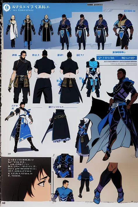 Character design sheet, reference sheet, dark-skinned male, late twenties, long black hair with blue highlights, warrior battle armor, body shot, close up shot, black and blue colors, confident, proud, male, african american, barbaric armor 