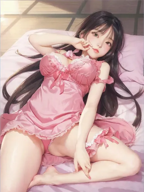 anime girl in pink lingerie laying on bed with her hand on her chin, loli in dress, , seductive anime girl, anime moe artstyle, top rated on pixiv, beautiful alluring anime , at pixiv, pixiv 3dcg, cute anime waifu in a nice dress, by Jin Homura, marin kita...