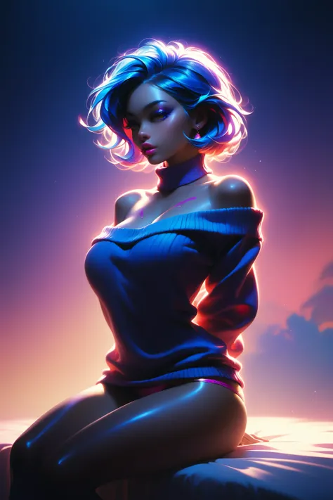 Oil paint.brushes strokes. SYNTHWAVE STYLE DESIGN VIBRANT COLORS. Big boob , cleavage, round breast, young asian girl. off the shoulder sweater, panties, with long blue hair. Full lips.Solid color background, arms behind back, sitting,