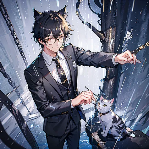 (1 boy), anime boy, golden eyes, (cute cat ears), composed tidy black hair, smile, glasses, black suit, (short straight hair:1.5), white shirt, black tie, (water bridge background with rain), good lighting, finely detailed, cinematic lighting, ultra-detail...