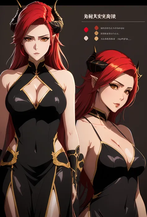 Character design reference sheet of an anime woman with red hair and horns in a black dress, angelic shiny skin, tight short dress, medieval, gothic maiden anime woman, beautiful elegant princess, black and red colors, body shot, close-up shot, character d...