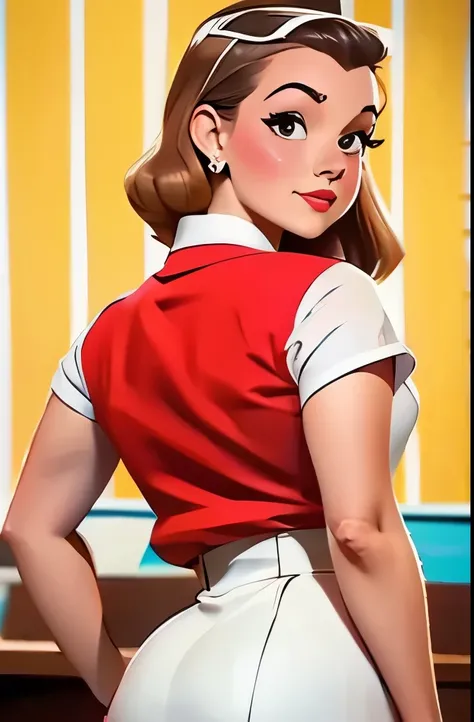 a woman in a red skirt and white shirt posing for a picture, a colorized photo inspired by Gil Elvgren, tumblr, pop art, dressed like in the 1940s, 50s style, 5 0 s style, 1950s vibes, 1 9 5 0 s style, retro 5 0 s style, pinup style, retro pinup model