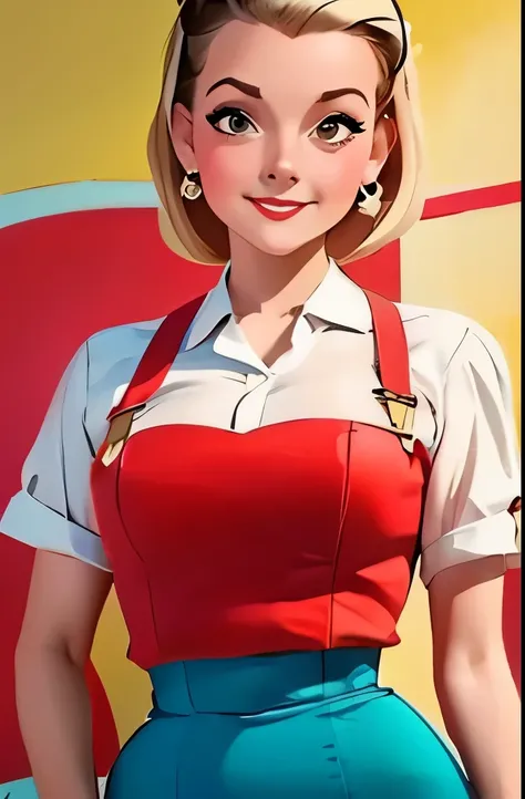 a woman in a red skirt and white shirt posing for a picture, a colorized photo inspired by Gil Elvgren, tumblr, pop art, dressed like in the 1940s, 50s style, 5 0 s style, 1950s vibes, 1 9 5 0 s style, retro 5 0 s style, pinup style, retro pinup model