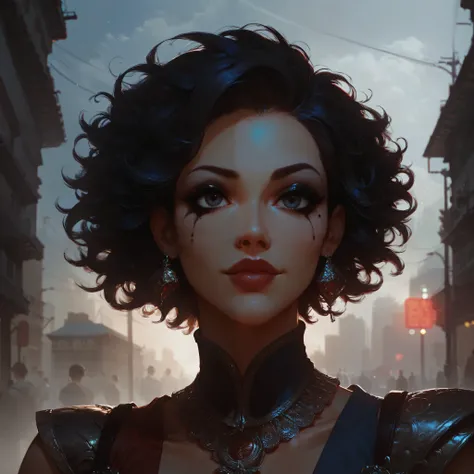 Beautiful girl , portrait from the waist up, short bright red disheveled hair, black eyeshadow , (street style clothing:1.2), ( urban background:1.2), Dark makeup, digital art, trends on ArtStation , highly details, fine detail , intricate, beautifu...