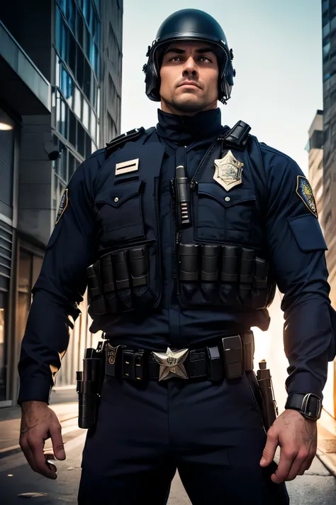 Three police officers posing with confident and heroic expressions, wearing sleek and imposing uniforms with advanced tactical armor. Their outfits feature bulletproof vests, utility belts, and modern helmets or caps, giving them a powerful and authoritati...