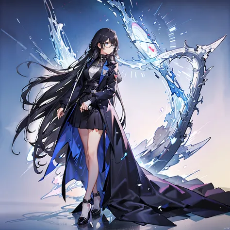 (1 woman), anime woman, sky blue eyes, detailed eyes, (scientist), white lab coat, black turtleneck shirt underneath, label card on labcoat, Black smooth skirt, transparent black stockings. Black heels. (long black hair) (long straight hair:1.5 with blue g...