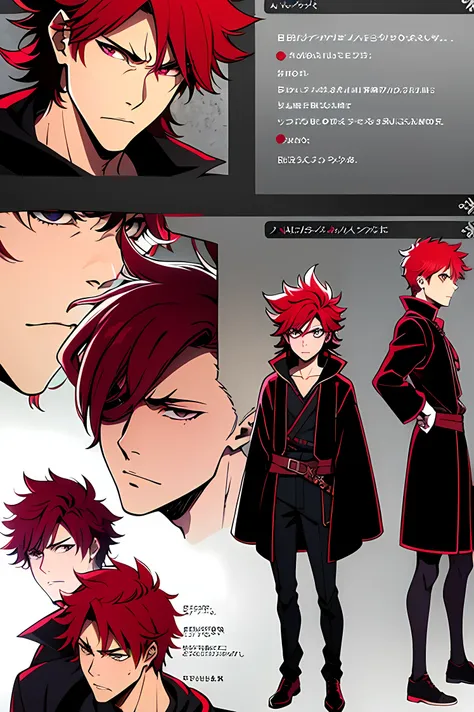 Character design sheet, Reference sheet, Male, late twenties, short spiked hair, red hair, scar on eye, serious expression, one eye, purple and red colors, magical woodsman outfit, body shot, close up shot