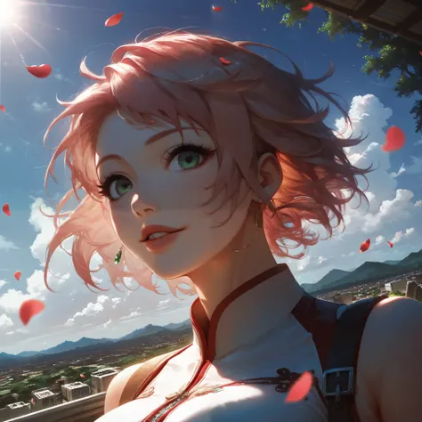 beautiful girl , short bright red messy hair , black eyeshadow , (street style clothes:1.2), (urban background:1.2), dark makeup , anime girl with pink hair and green eyes , best anime wallpaper 4k konachan , sexy anime girl , sakura petals around her , an...