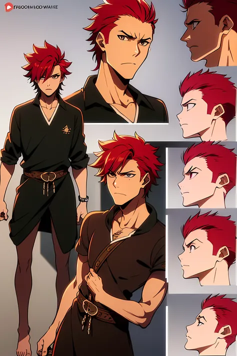 Character design sheet, Reference sheet, Male, late twenties, short spiked hair, red hair, scar on eye, serious expression, one eye, purple and red colors, magical woodsman outfit, body shot, close up shot