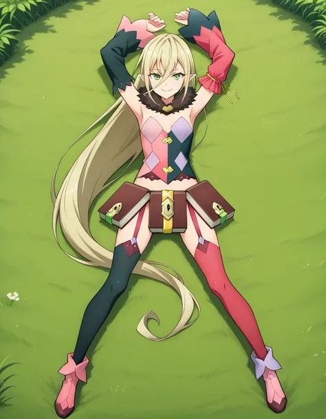 M4gil0u, green eyes, pointy ears, blonde hair, very long hair, hair between eyes, fur collar, multicolored vest, strapless, detached sleeves, mismatched sleeves, book skirt, asymmetrical legwear, thighhighs, garter straps, anime screenshot, shiny skin, hig...