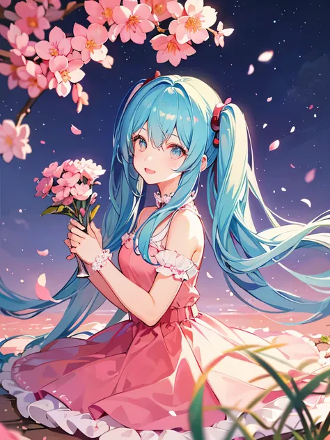 cherry blossoms、Cherry Blossom Viewing、Cute girl、girls、 light blue hair、twin tails、looks at one woman, Hi-Res, high quality, 