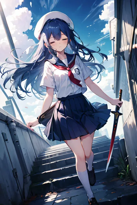 Beautiful girl with long dark blue hair, closing the eyes, descending from the skies wearing school uniform, tie, shirt, skirt, shoes,  white beret, sword