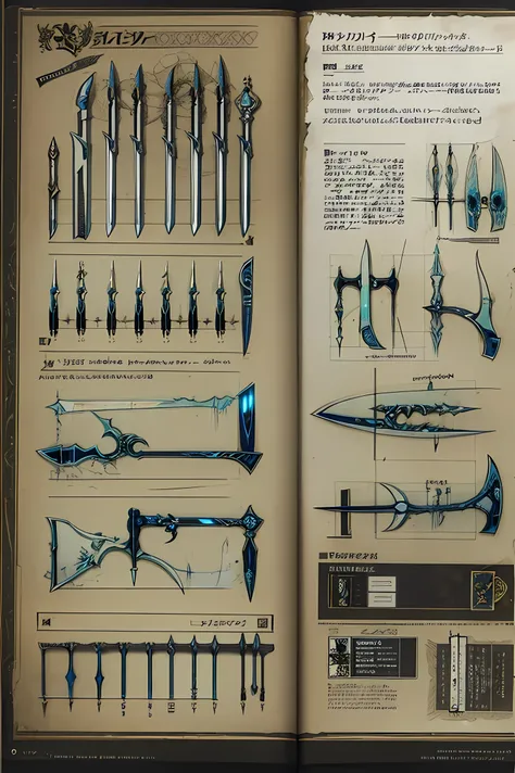 Design sheet, reference sheet, magic weapons, glowing weapons, swords, axes, magic staff, weapons, description of weapons, side view, front view, blueprint, design