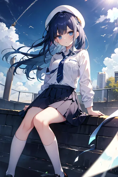 Beautiful girl with long dark blue hair, descending from the skies wearing school uniform, tie, shirt, skirt, shoes,  white beret, sword