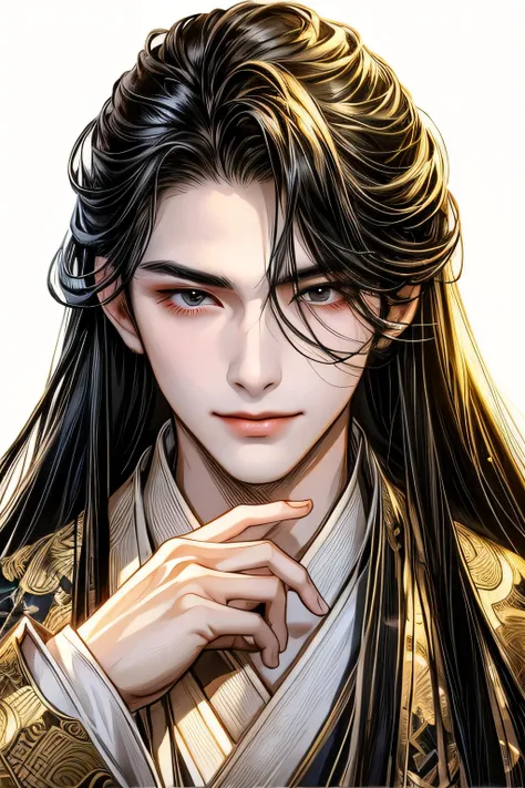 Ancient China , adult male, Age about 25 years old , Handsome , single ,Hanfu , Ancient China Hairstyles, long hair, Dark Hair,black eyes, Smile ,Song Dynasty Costume,Light clothing,romantic, Original Concept Illustration , Mast...