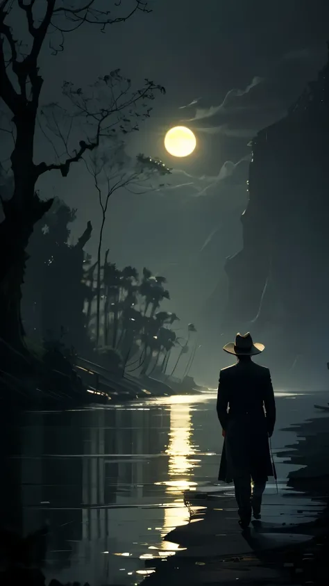 A mysterious man walks along the riverbank at night, partially illuminated by the moonlight. He wears a slightly wrinkled white shirt and an old straw hat that casts a shadow over his face, making his expression unreadable. His posture is calm yet eerie, a...