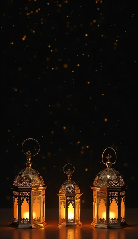 A black background featuring golden-colored Ramadan lanterns (fanous) of varying sizes arranged elegantly on the top side, glowing softly with intricate details, creating a warm and festive atmosphere, perfect for Islamic-themed designs, HD, 4K resolution.