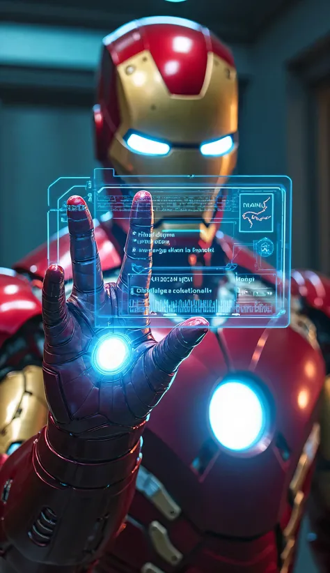 Iron Man holding a futuristic holographic scanner, showing a DNA match failure on the clone Spider-Man. The screen displays red warning signs. Hyper Realistic HD.