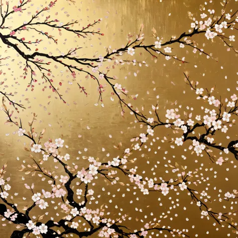 A traditional Japanese textile design featuring sakura branches, scattered petals, and elegant golden highlights.