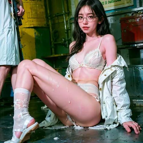 a beautiful young Asian woman,Have long hair,Wearing a white doctor's suit,There are bangs on the forehead，She looks like an idol ，Her white coat is completely open（（bare shoulders））。 Her glasses ，Unpack all clothes，  Her white underwear and clothes are le...