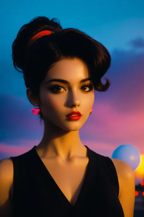 ((best quality)), ((masterpiece)), (detailed), perfect face, surreal, fantasy, sci-fi, graphic novel, line drawing, french retro, huge breasts, cleavage, SYNTHWAVE STYLE DESIGN VIBRANT COLORS