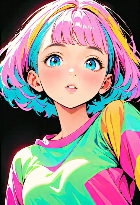 (Highest quality:1.2, City Pop Style, Very detailed, up to date, Vibrant, High Contrast, masterpiece:1.2, Highest quality, Best aesthetics), girl, ((Face Up Shot:1.4)), Colorful Hair, Bobcut, pastel colour, 1980s style, ((Retro, Vintage, Plain background))