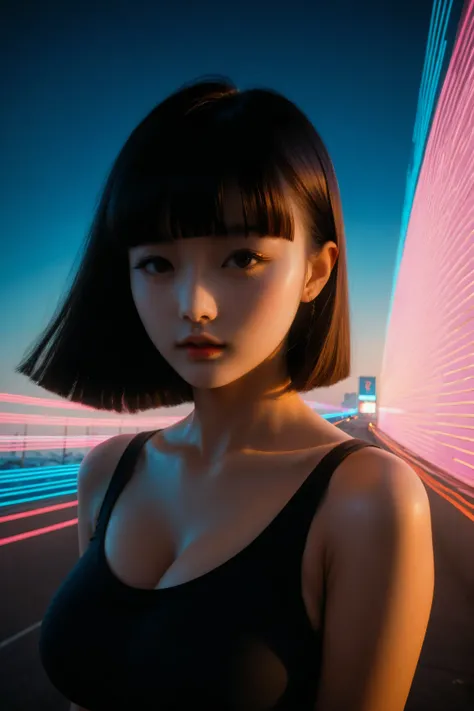 young korean girl, ((best quality)), ((masterpiece)), (detailed), blunt bangs, perfect face, surreal, fantasy, sci-fi, graphic novel, line drawing, french retro, huge breasts, cleavage, SYNTHWAVE STYLE DESIGN VIBRANT COLORS, pale white skin, 
