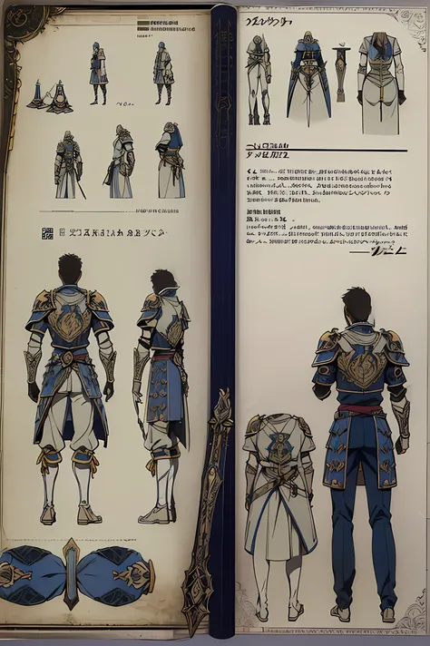 Design sheet, reference sheet, soldier armor, magic army armor, chestplate, greaves, pantaloons, medivel, magical, description of the armor, back view, front view, blueprint, design 