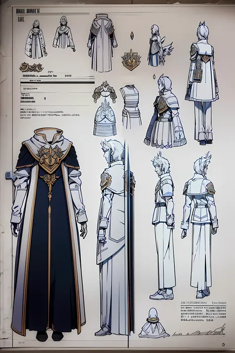 Design sheet, reference sheet, elven soldier armor, magic army armor, chestplate, greaves, pantaloons, angelic, magical, elven armor, royal armor, description of the armor, back view, front view, blueprint, design