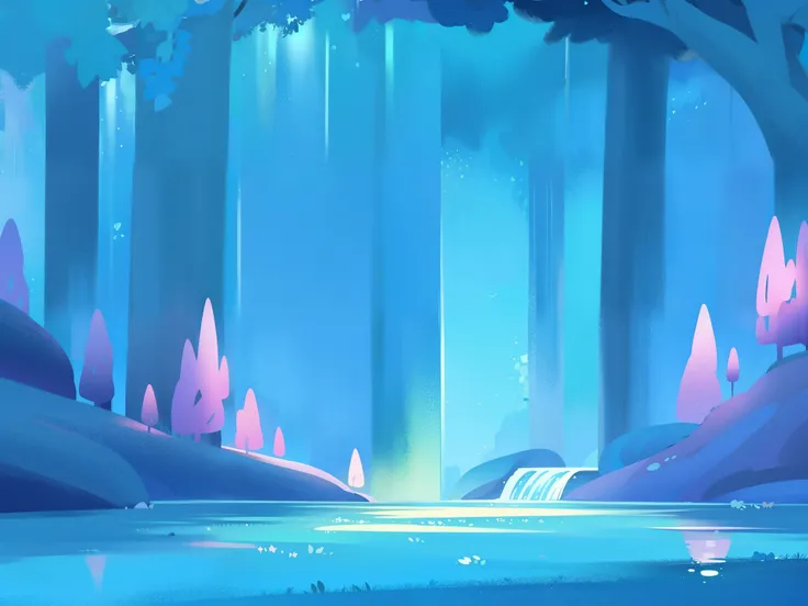 magical lagoon, whimsical, fantasy landscape, cool colors, glowing lights, waterfall, ((fantasia landscape)), magical plants