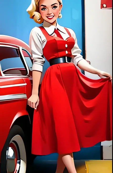 a woman in a red skirt and white shirt posing for a picture, a colorized photo inspired by Gil Elvgren, tumblr, pop art, dressed like in the 1940s, 50s style, 5 0 s style, 1950s vibes, 1 9 5 0 s style, retro 5 0 s style, pinup style, retro pinup model