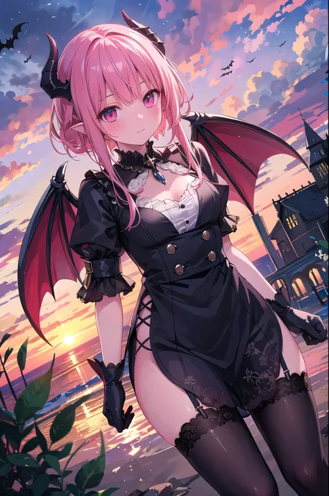 Highest quality, masterpiece,  radiosity, photon mapping, Dutch angle, Shine , landscape, realistic, reality, RAW photo, aura, Costume , close-up,  Succubus , Bat Wings , devil's tail, early , 1 girl, sweets , pink hair