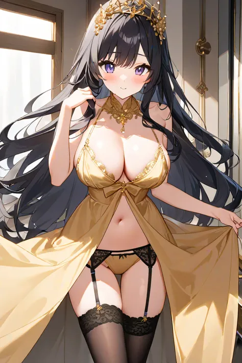 28 year old beautiful girl、long hair。
 characters are anime designs 。
my hair is black。
Eye color is white。
The figure is glamorous 。Big bust 。
has an ecstatic expression with estrus。
Wear a gold nightdress, garter belt, and stockings。
in the large bathroo...