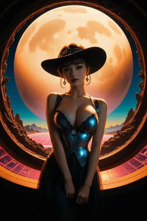 ((best quality)), ((masterpiece)), (detailed), perfect face, surreal, art nouveau, in the illustrative style of moebius, spaceships, aliens, fantasy, sci-fi, graphic novel, line drawing, french retro, huge breasts, cleavage, SYNTHWAVE STYLE DESIGN VIBRANT ...