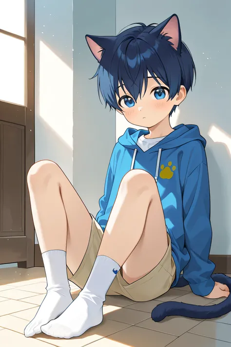  A boy，cute， blue short hair ，Cat ears， Shota，clothing， There is a light yellow stain on the bottom of the white socks 