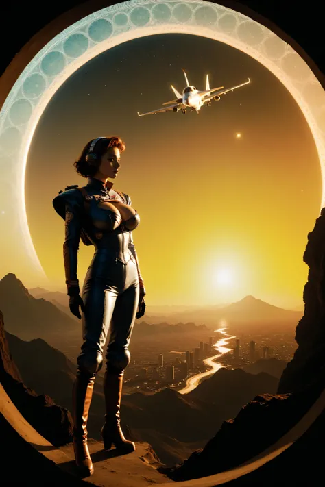 ((best quality)), ((masterpiece)), (detailed), perfect face, surreal, art nouveau, in the illustrative style of moebius, spaceships, aliens, fantasy, sci-fi, graphic novel, line drawing, french retro, huge breasts, cleavage, SYNTHWAVE STYLE DESIGN VIBRANT ...