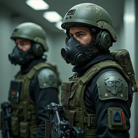 Futuristic senior officers in dark green ballistic armor (with light scuffs and scratches), tactical helmet with gas mask and unobtrusive military hawk logo,  short beard and mustache ,  determined look , Conceptual Style (concept art), semi-profile, cinem...