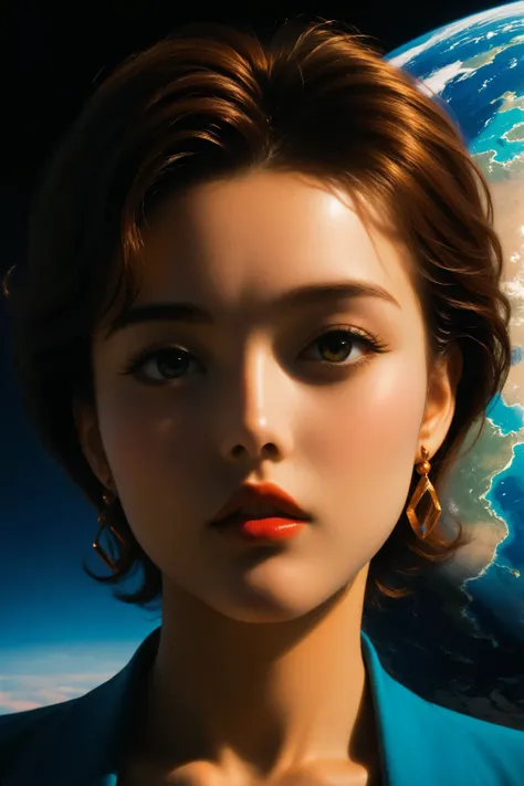 ((best quality)), ((masterpiece)), (detailed), perfect face, surreal, art nouveau, in the illustrative style of moebius, spaceships, aliens, fantasy, sci-fi, graphic novel, line drawing, ((japanese retro)), huge breasts, cleavage, SYNTHWAVE STYLE DESIGN VI...