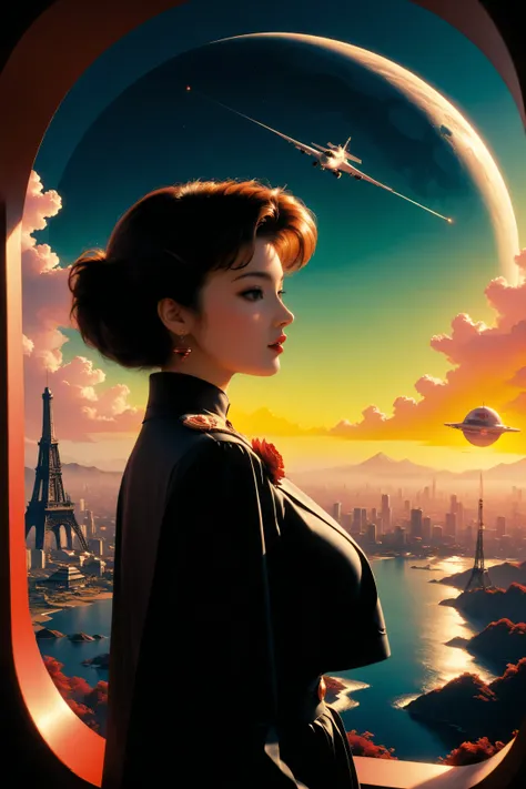 ((best quality)), ((masterpiece)), (detailed), perfect face, surreal, art nouveau, in the illustrative style of moebius, spaceships, aliens, fantasy, sci-fi, graphic novel, line drawing, ((japanese retro)), huge breasts, cleavage, SYNTHWAVE STYLE DESIGN VI...