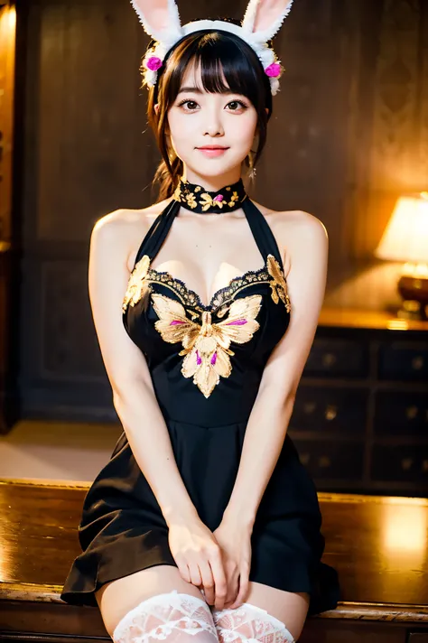 cute face like an 18-year-old idol　Smiles Gently　Whole body　(masterpiece, best quality, ultra-detailed),
 1girl , anime style,
slender body, soft lighting,
bunny girl outfit, black bunny suit with gold embroidery, pink butterfly motifs,
Halter neck design,...