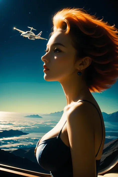 ((best quality)), ((masterpiece)), (detailed), perfect face, surreal, art nouveau, in the illustrative style of moebius, spaceships, aliens, fantasy, sci-fi, graphic novel, line drawing, ((japanese retro)), huge breasts, cleavage, SYNTHWAVE STYLE DESIGN VI...