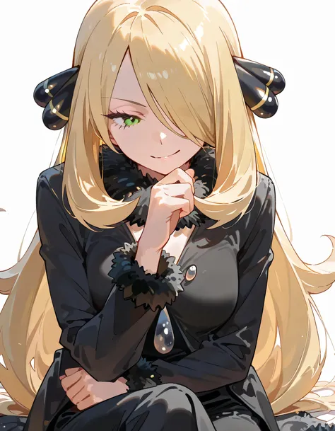 (fulllbody),(sitting),1girl, looking away:1.3,cynthia \(pokemon\), blonde hair, hair over one eye, very long hair, grey eyes, eyelashes, hair ornament, black coat, black shirt, fur-trimmed coat, fur collar, long sleeves, smirk, white background,memorial sh...