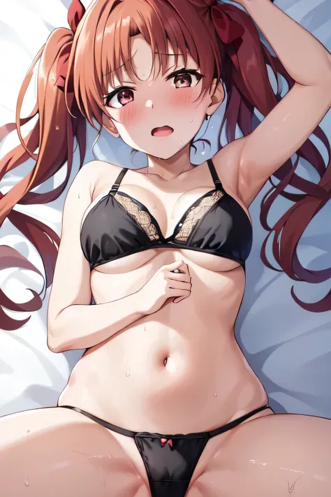 pov, close up face, upperbody, 1girl, Kuroko Shirai, long twintails, brown eyes,  heart-shaped pasties bra:1.2, happy sexual climax, very orgasm:1.8, blush, Breath, sweat, lying on your back:1.5, lying on bed (extremely detailed CG, masterpiece, highres ic...